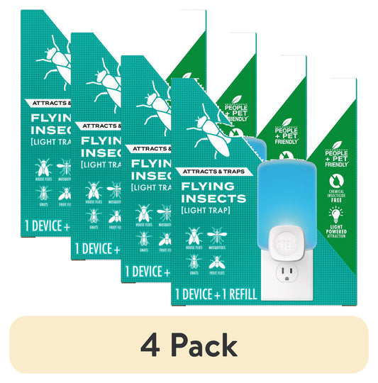 (4 Pack)  Light Trap, Attracts and Traps Flying Insects, Emits Soft Blue Light, [Includes Starter Kit with 1 Light Trap and 1 Cartridge]